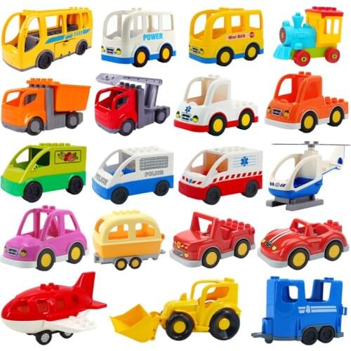 Car Model Big Size Building Blocks Accessory Series Cartoon Police Car Bus Truck Engineering Vehicle Airplane Toys For Children