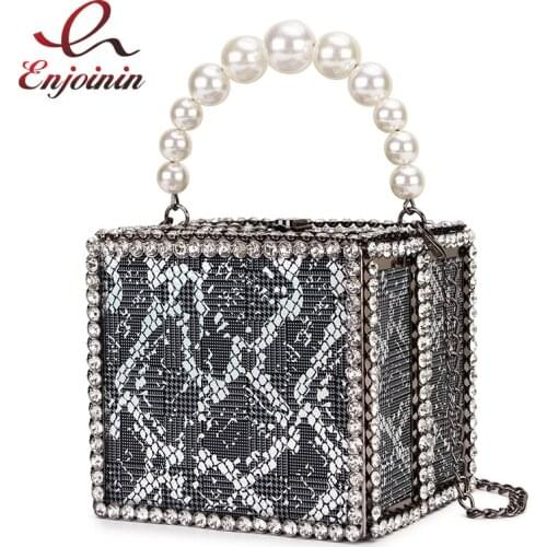 New Style Box Style Snakeskin Transparent Beaded Handle Diamond Ladies Party Handbag Dinner Chain Purse Totes Women Shoulder Bag