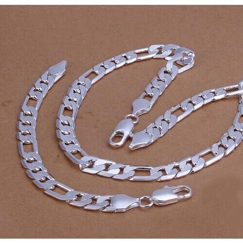 Wholesale high-quality European style retro for Men 12MM Figaro chain fashion Silver color necklace bracelets jewelry Set S086
