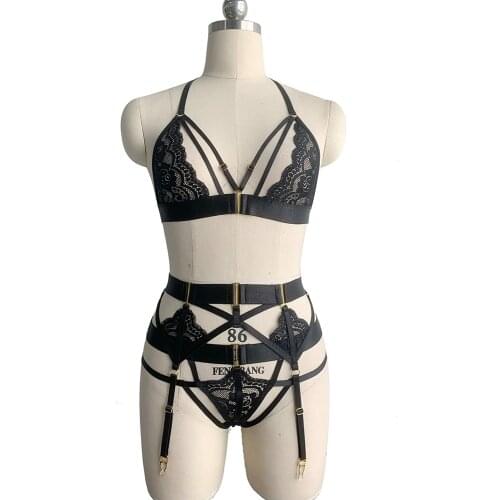 Original Design Lace Fetish Harness Lingerie Bra Women Bondage Stocking Garter Belt Goth Sexy Lingerie Set Elastic Body Harness