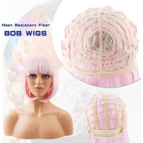 Neitsi 14'Synthetic Hair Wigs Costume Cartoon Role cosplay Short Bob Wig With Bangs Hairpiece Fake Hair Party Woman Wig