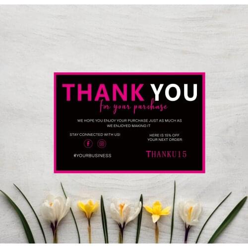 Personalize Pink Black Thank You For Your Purchase Template Card Custom Small Business Thank You Insert Cards Social Media Card