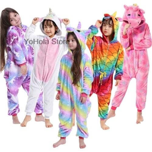 Colorful Unicorn Pajamas Kigurumi Kids Pijama Baby Boys Onesies Pyjamas Anime Cosplay Costume Winter Flannel Hooded Jumpsuit