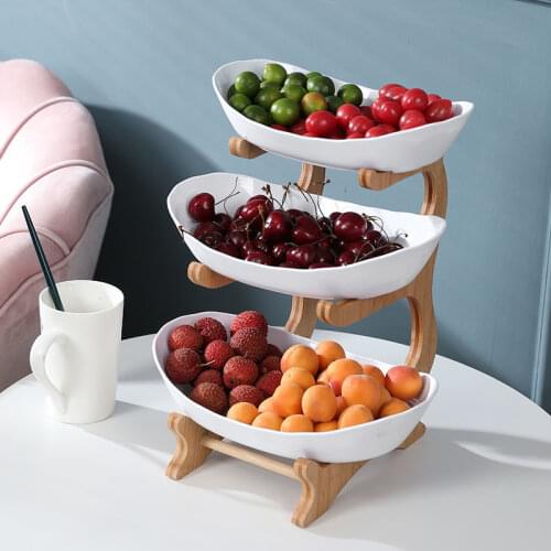 3 Tiers Plastic Fruit Plates With Wood Holder Oval Serving Bowls for Party Food Server Display Stand Fruit Candy Dish