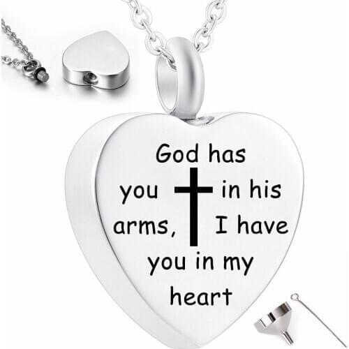 Heart Cremation Necklace for Ashes Urn Memorial Cross Prayer Jewelry -God Has You in His Arms I Have You in My Heart