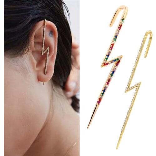 1pc Gold Copper Cartilage Stud Earring Ear Hook Clip Long Bone Cuff Tragus Helix Ring Crystal Zircon Body Jewelry for Women 18G