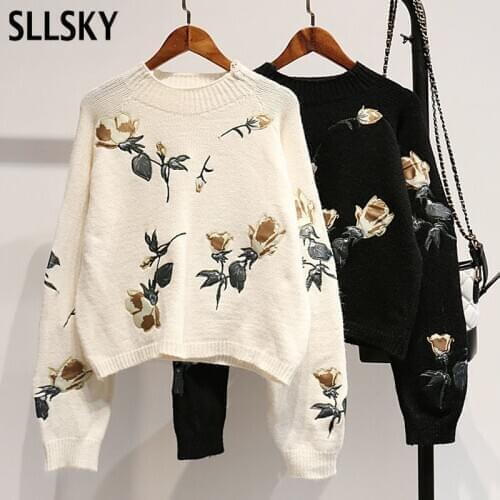 SLLSKY Short Floral Embroidery Women Sweater 2020 Winter Vintage New Out Wear Sweater Korean Students High-Waisted Pullovers