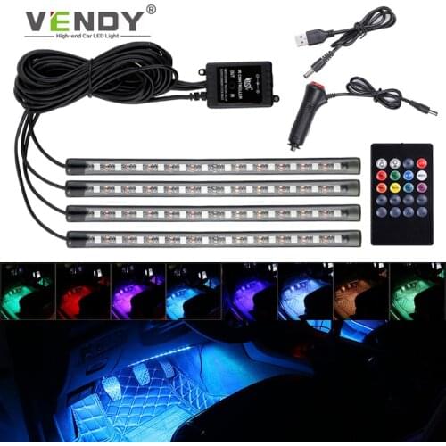 Auto LED RGB Interior Atmosphere Strip Light Decorative Foot Lamp With USB Wireless Remote Music Control Multiple Modes For Car