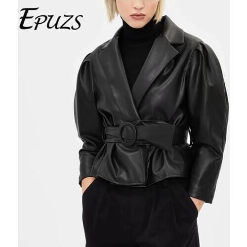 2021 Spring Fashion Slim Long Sleeve PU Jacket Coat Vintage Sashes Black PU Jacket Coat Famale Outerwear Chic Top