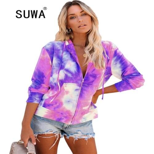 2020 Newest Women Wardrobe Casual Sweatshirt Tie Dye Print Hooded Drawstring Long Sleeve Front Zipper Side Pockets Coat