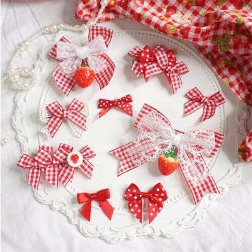 Sweet Strawberry Hairpin Lolita Plaid Lace Bowknot Plaid Hair Clip Girl Women Hair Accessories D881