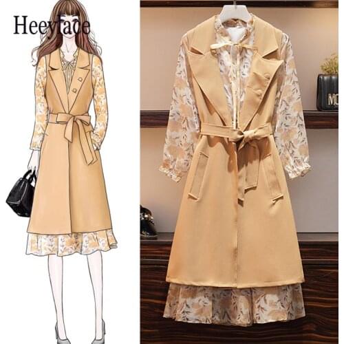 Plus size Women High Quality Office Dress set Women 2020 Autumn Floral Print Dress And Vest Coats Two Piece Set Fashion Clothing