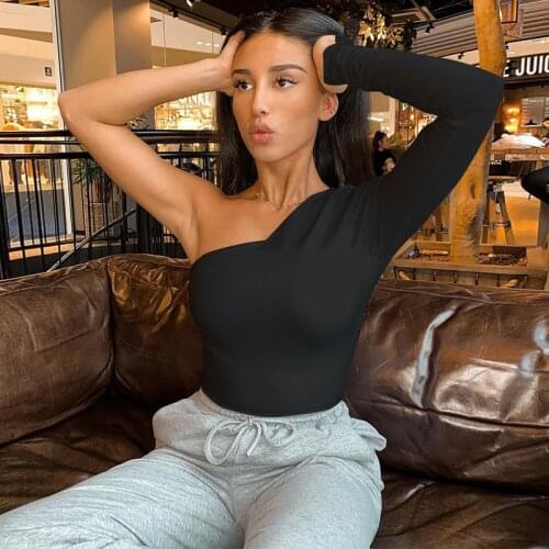 Womens Sexy Skew Collar One Shoulder Top Streetwear Unique Drawstring Long Sleeve Slim Fit Solid Color Exposed Navel Base Tops
