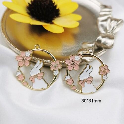 10 Sakura Cherry Blossom with bunny round charm goldtone 30*31mm Pink Japanese Sakura Charm Pendant Enamel rabbit animals DIY