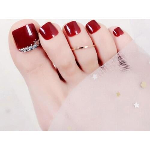 24pcs/Set Red Wine Solid Color Foot Nails Bridal Nail High Quality Fake Nail Patches Summer With Drill Powd Toenails