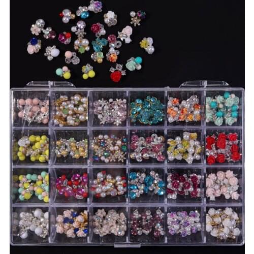 24Grids/ Large Box Nail Art Charms Set, 3d Rhinestone for Nails Decoration, 24 Styles Mixed Metal Gems Manicure Jewelry Kit#TG18
