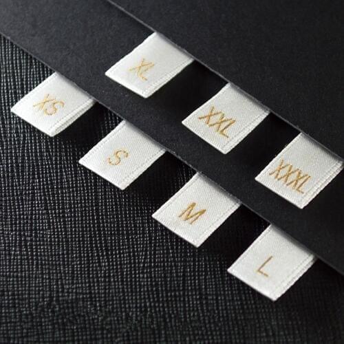 500pcs Big Size Satin Label Tags Gold Size with Cut and Folded (S-XXXL) Soft Satin Clothing Tags White Satin Size Care Labels