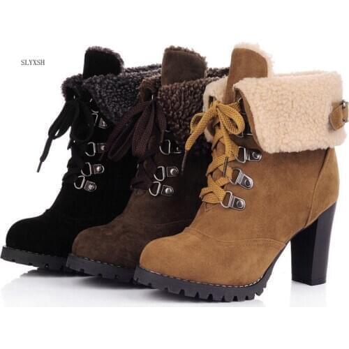 SLYXSH 2019 fashion ankle boots round toe lace up thick high heels ladies boots keep warm autumn winter snow boots size 35-39
