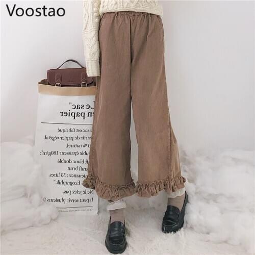 Japanese Harajuku Lolita Style Corduroy Pants Girly Cute Solid Color Ruffles Loose High Waist Straight Pants Women Sweatpants