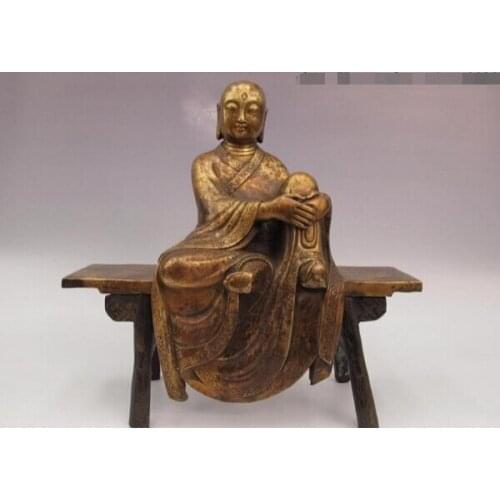 Fast shipping USPS to USA S3453 Chinese Bronze Copper Buddhism Sit stool aFINEat Buddhist monk Buddha Art Statue