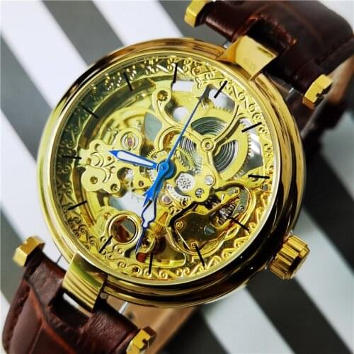 Forsining New Golden Watches Fashion Blue Hands Mens Automatic Self-wind Mechanical Watches Brown Genuine Leather Luminous Hands