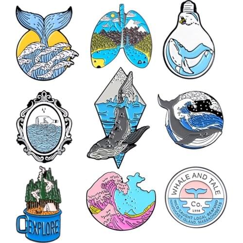 Whale wave enamel pin bulb fishtail coffee cup forest camping holiday lung mirror drift bottle boat badge shirt lapel brooch