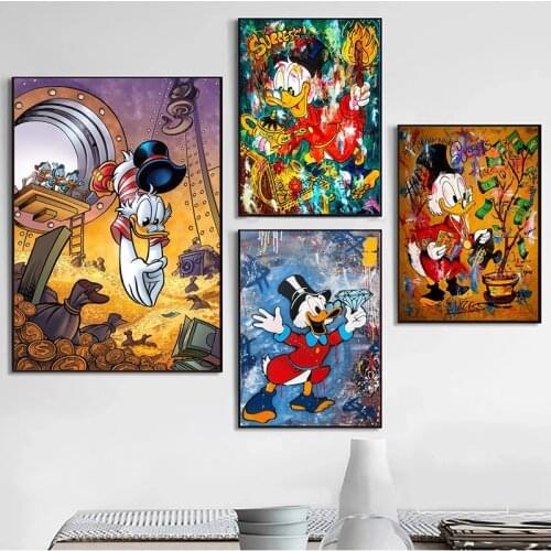 Graffiti Street Art Disney Donald Duck and Money Canvas Painting Art Poster and Print Wall Art Picture Home Decoration No Frame