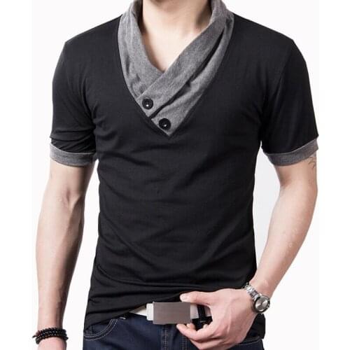 Summer Short Sleeve Tee Shirt Men Fashion Patchwork V Neck Cotton Black Tshirt New Button Tops T-shirt Plus Size 5XL Clothes