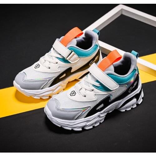 Microfiber Mesh Hook Loop Boy Child Sneakers Lace Up Velcro Sneakers Girls Thick Sole Light Weight Sports Shoes For Boy Unisex