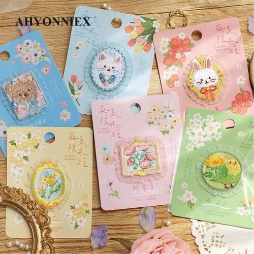 AHYONNIEX Courtyard Art Museum Embroidery Patches for Bag Jeans Bear Cat Bird Iron On Patches for Baby Clothes Small DIY Patch