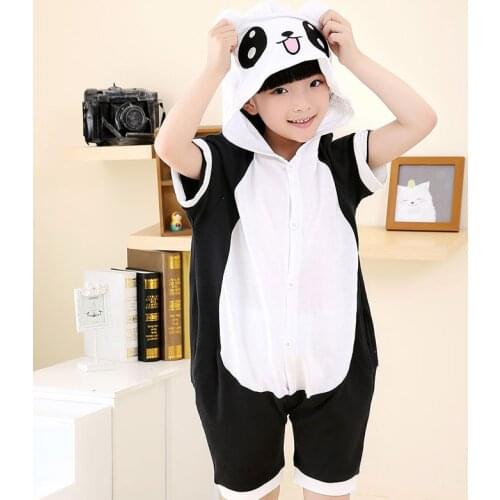 Cute Cartoon Panda Pajamas Summer Hooded Onesie Boys Girls Animal Unicorn Nightie Kigurumi Bear Sleepwear Kids Overalls Jumpsuit