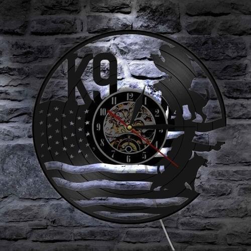 K9 Police And Military Dog With American Flag Wall Art Decoraitve Night Light Laser Cut Vinyl Record Wall Clocks Home Decor