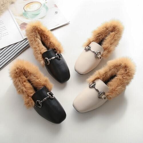 Fluffy Shoes Womens 2020 New Autumn Black Small Shoes Flat Single-Layer Shoes Lazy Shoes Large Size Womens Shoes Winter