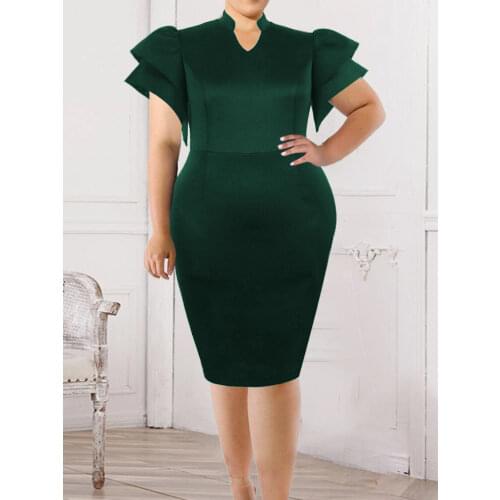 Green Dress Elegant Women Short Ruffles Sleeve Bodycon Office Lady Evening Birthday Party Event Gown Dresses Plus Size Autumn