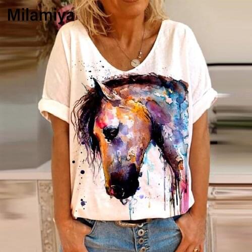 2021 Womens T-shirt Animal Print Harajuku Short-sleeved O-neck Women Tshirt Lady Tops T Shirt Vogue Summer Horse