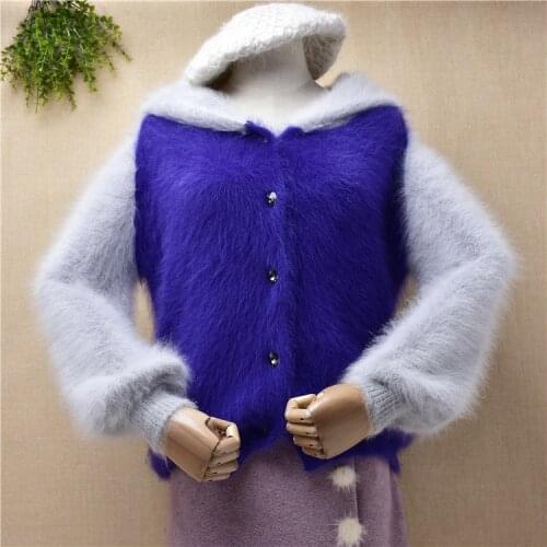Ladies women fashion colored hairy mink cashmere knitted hooded long sleeves slim short cardigans angora fur jacket coat sweater