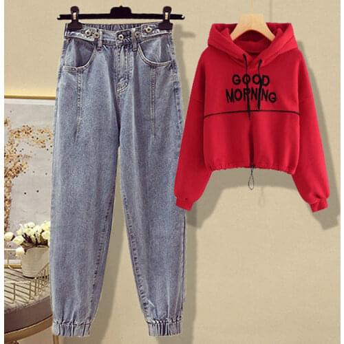 Plus Size Womens Autumn Suit Womens 2021 New Sweater + Womens Jeans Two-piece Suit