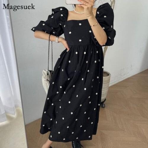 Summer Dress vintage Square Neck Embroidered Dot Dress for Women Cotton Bubble Sleeve French Elegant Women Dress Vestido 14000