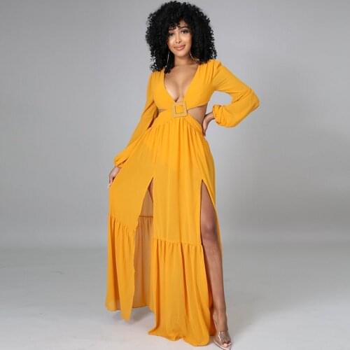 Women Summer Hollow Out Waist Maxi Dress 2021 Yellow Boho Beach Dress Women Evening Party Long Dress Plus Size Vestidos Female