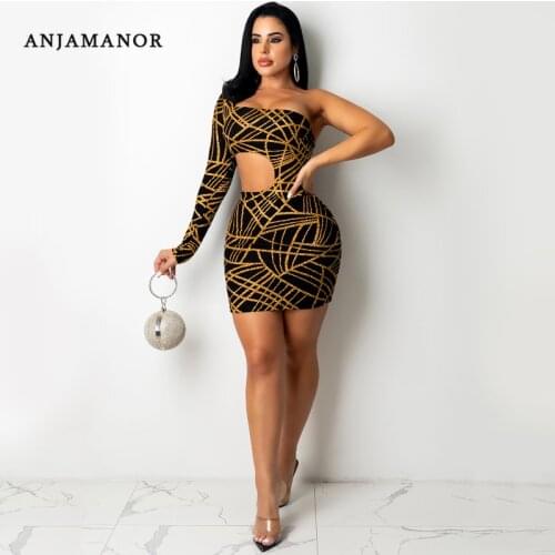 ANJAMANOR Sexy Club Wear Bodycon Mini Dresses for Women Fall 2021 Digital Print Cutout One Shoulder Long Sleeve Dress D42-BF18
