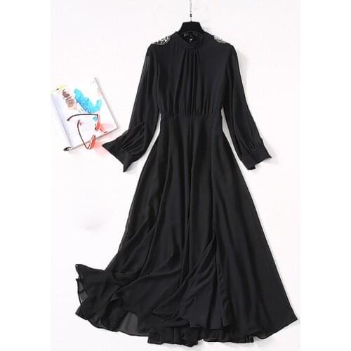 Newest HIGH QUALITY Fashion 2021 Runway Dress Womens Elegant Long Sleeve Luxury Beaded Shoulder Draped Black Split Long Dress