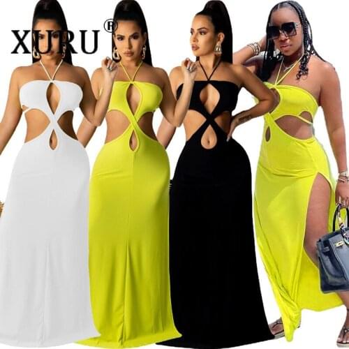 XURU Solid Color Sexy Hollow Dress 2021 European and American Summer New Ladies Split Dress