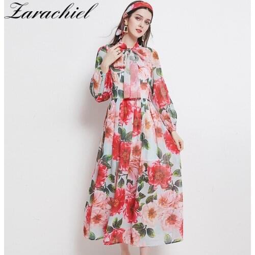 Elegant Long Lantern Sleeve Rose Flower Printed Women Maxi Dress Elegant Bow Collar Chiffon Floral Pleated Summer Vestidos