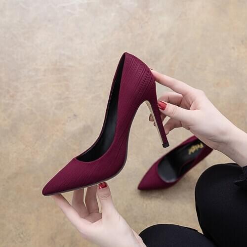 2021spring small size stilettos pointed toe shallow mouth stretch cloth single shoes banquet dress large size bridal shoes women