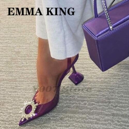 2021 Runway Sun Rhinestone Luxurious Women Pumps Pointed-Toe Transparent PVC Wine Glass Summer Sandals Party Wedding mujer Shoes