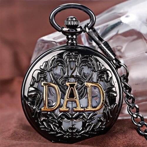 Hollow Golden DAD Retro Black Manual Mechanical Pocket Watch Men Arabic Numerals Display Pendant Antique Hand Winding Clock