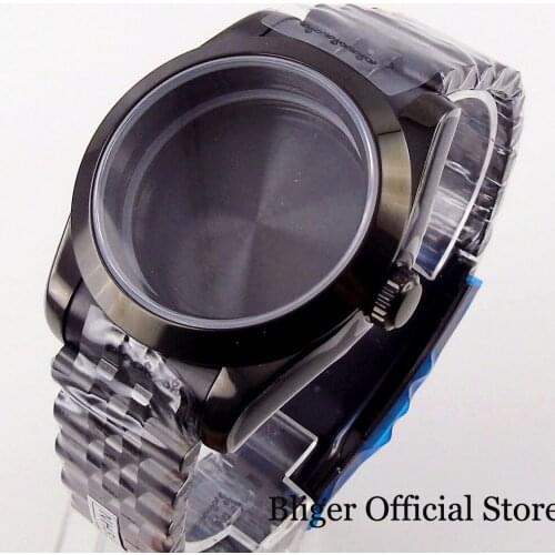 BLIGER Black PVD Plated Polished 39mm Automatic Watch Case fit NH35A NH36A MIYOTA 8215 Mingzhu Jubilee Band Flat Sapphire Glass