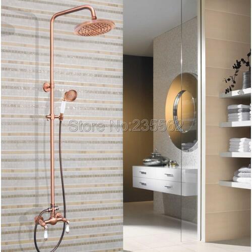 Red Copper 8 inch Rainfall Bathroom Dual Ceramic Lever Rain Shower Faucet Set Wall Mounted Mixer Tap lrg586