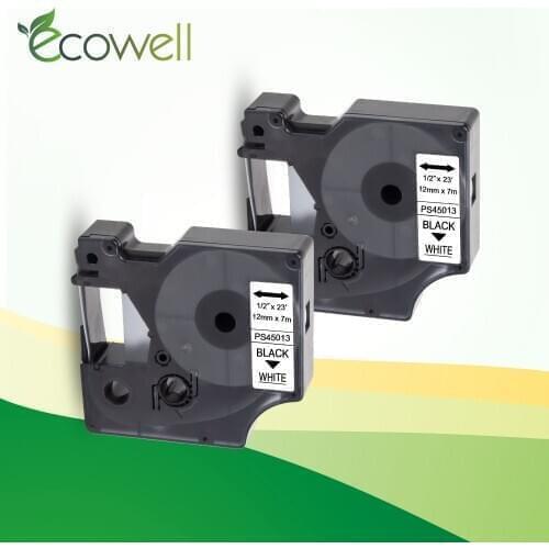 Ecowell 2pcs 12mm laminated label tape 45013 Black on White compatible for Dymo D1 LW LabelManager 280 label printer ribbon