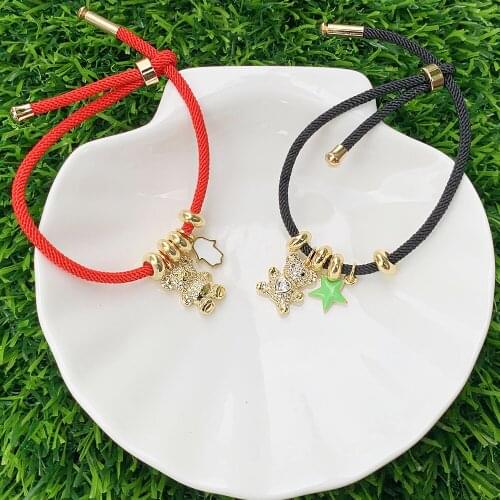 CZ Micro Pave Mini Bear Enamel Star/Harms Palm Shape Electroplating Pendant Accessories Adjustable String Bracelet